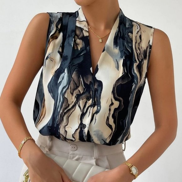 . Tops - Luxe Marble Print Sleeveless Blouse blue tones